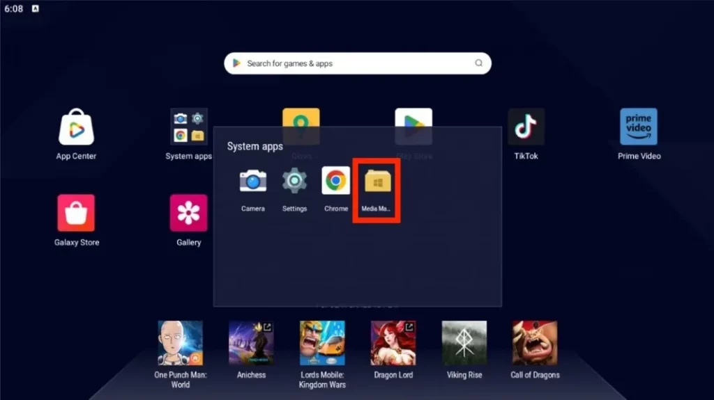 Расположение медиаменеджера в BlueStacks